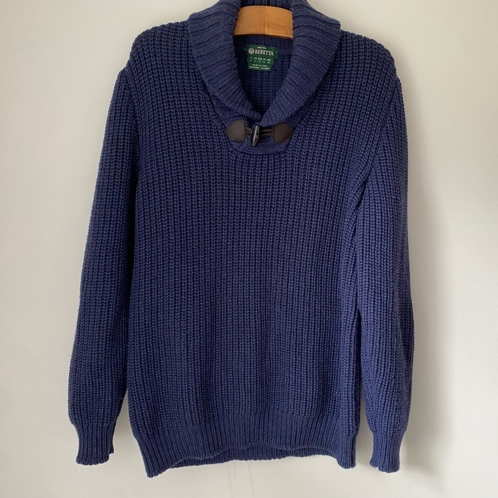 Beretta Sweater Men's Large Navy Blue Merino Wool Schawl Collar Made in Italy
